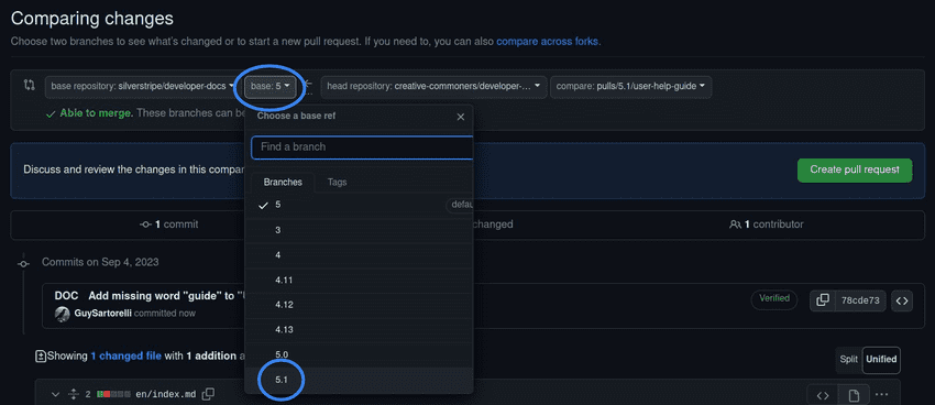 target your pull request at the branch you noted earlier
